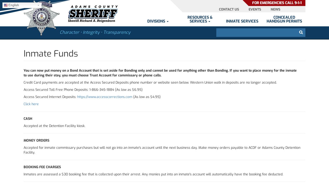 Inmate Funds | Adams County Sheriff's Office