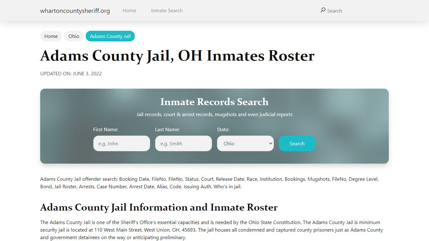 Adams County Jail, OH Jail Roster, Name Search